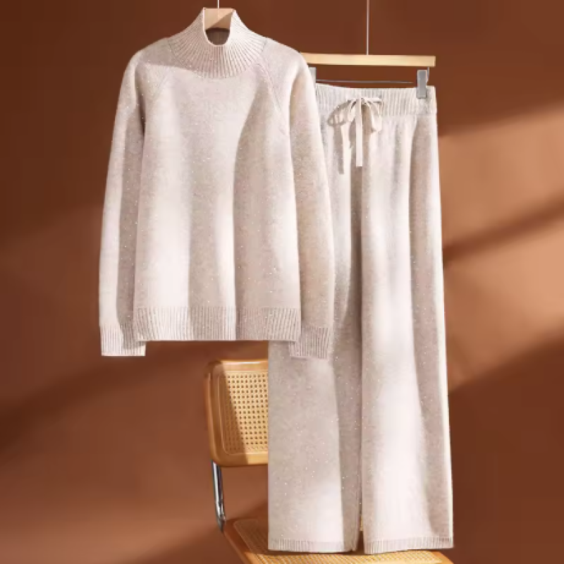 ADDONEE Autumn Winter Thick Women's 100% Wool Sweater Pants Set Sequins Turtleneck Pullover Wide Leg Pants Casual Knitwear